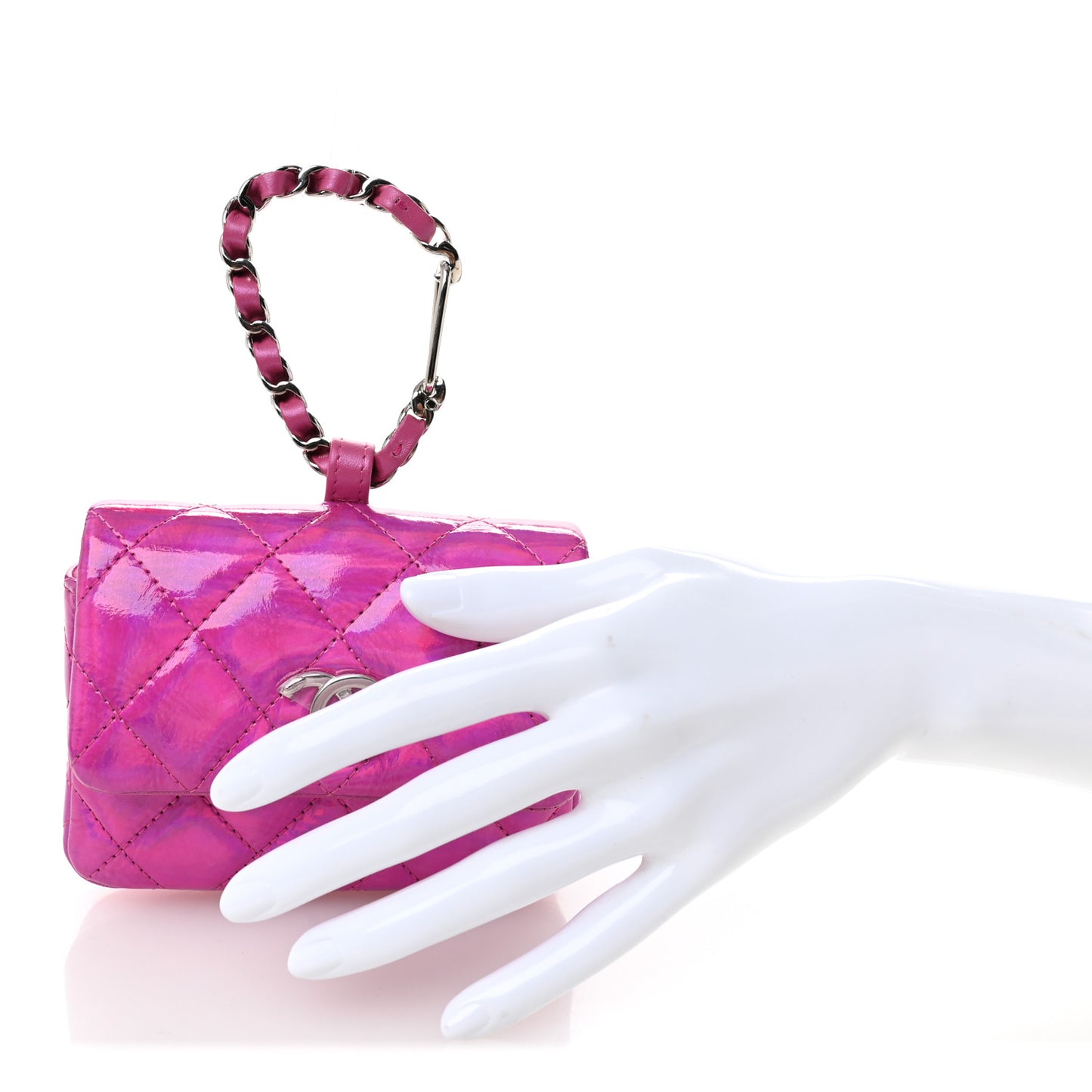 Patent Lambskin Quilted CC Hook Card Holder Pink