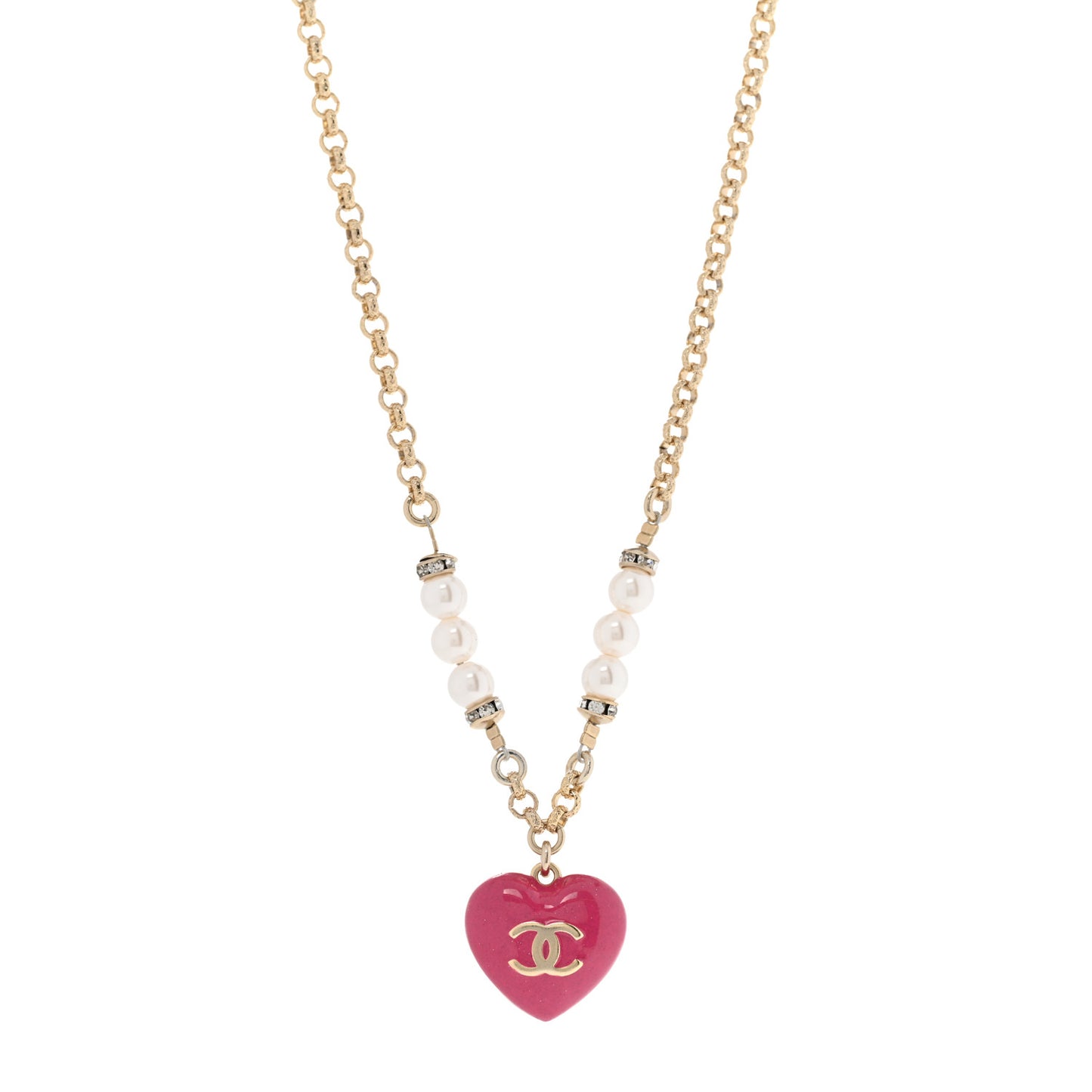 Resin Crystal Pearl Chain Heart CC Drop Necklace Pink White Gold
