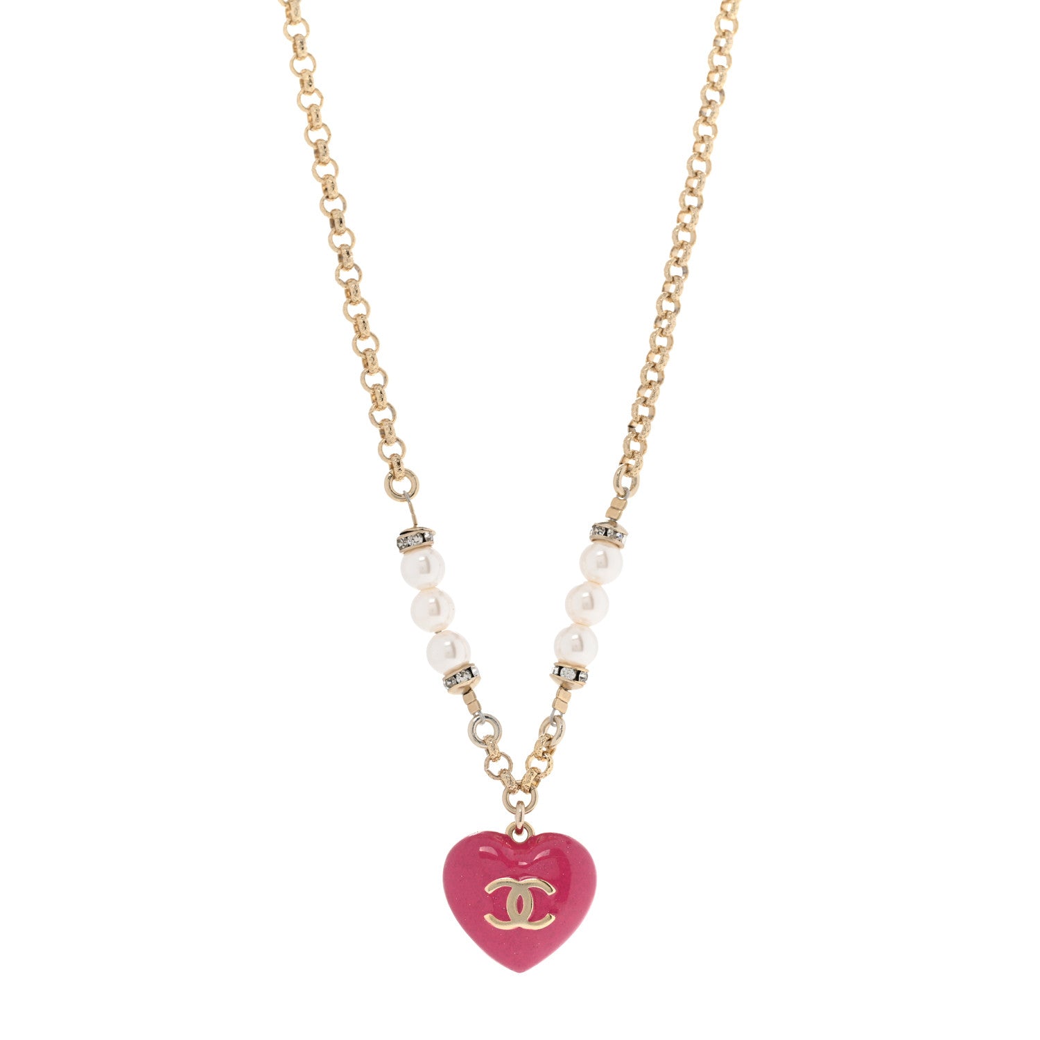 Chanel Resin Crystal Pearl Chain Heart CC Drop Necklace Pink White Gold 1 of 9