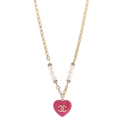 Chanel Resin Crystal Pearl Chain Heart CC Drop Necklace Pink White Gold 1 of 9