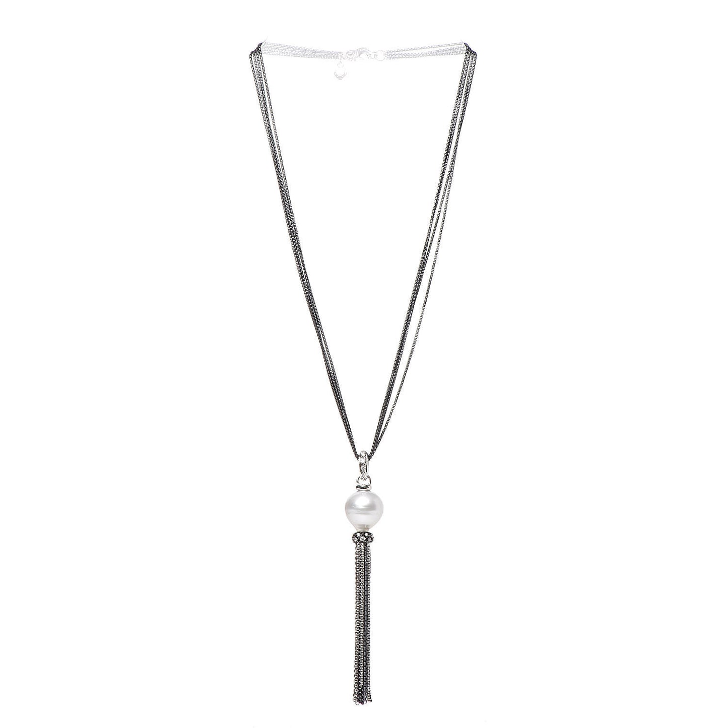 Sterling Silver Diamond Freshwater Pearl Midnight Tassel Necklace