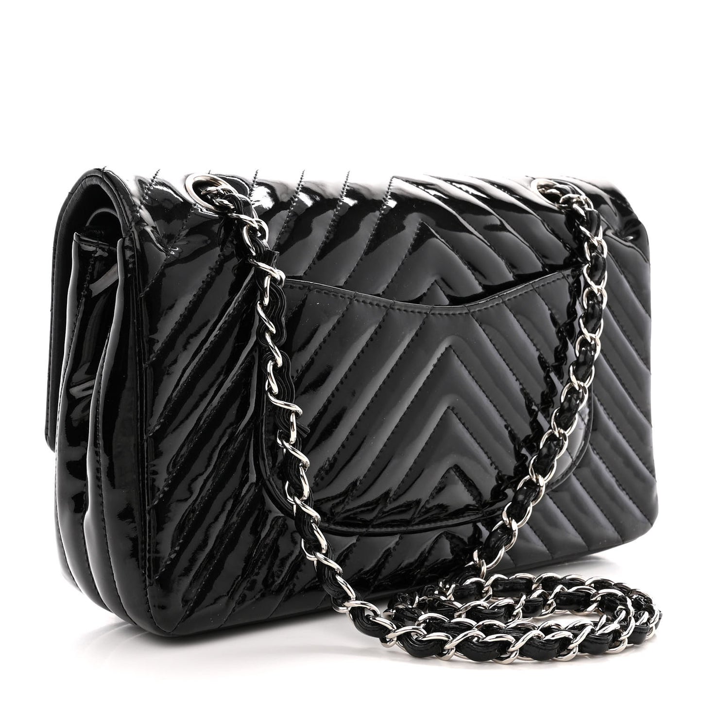 Patent Calfskin Chevron Quilted Small Double Flap Black