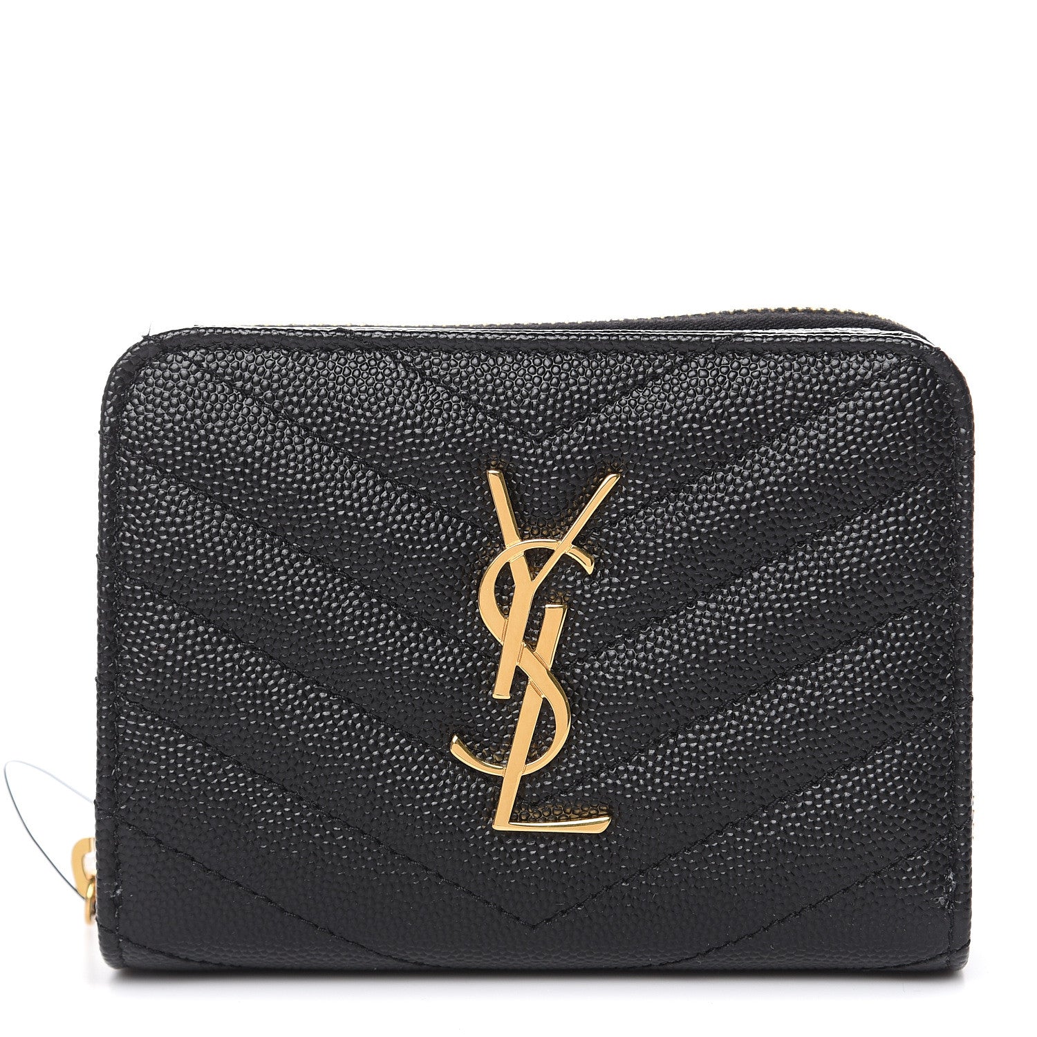 Saint Laurent Grain De Poudre Matelasse Chevron Monogram Compact Zip Around Wallet Black 1 of 6