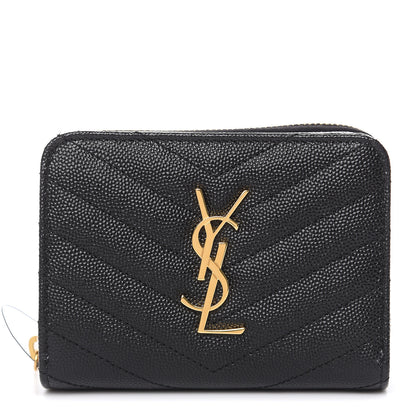 Saint Laurent Grain De Poudre Matelasse Chevron Monogram Compact Zip Around Wallet Black 1 of 6