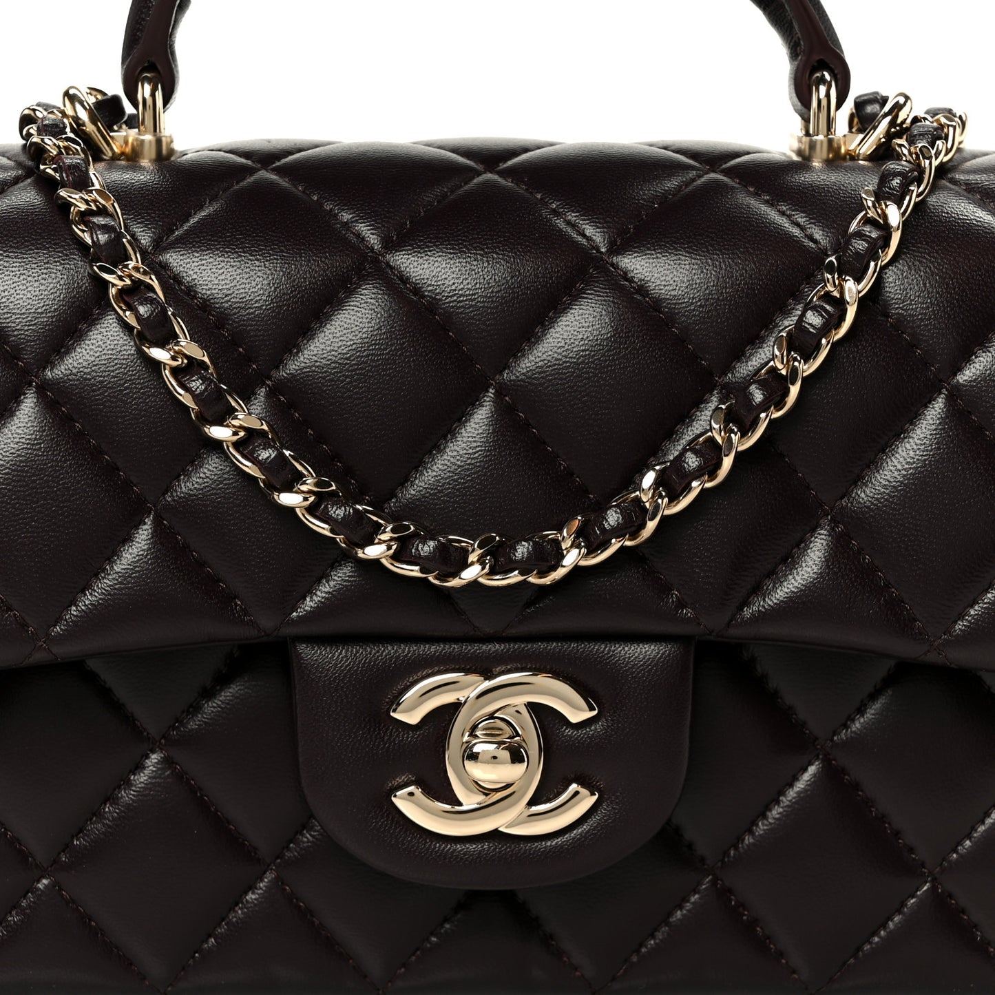 Lambskin Quilted Mini Top Handle Rectangular Flap Dark Brown