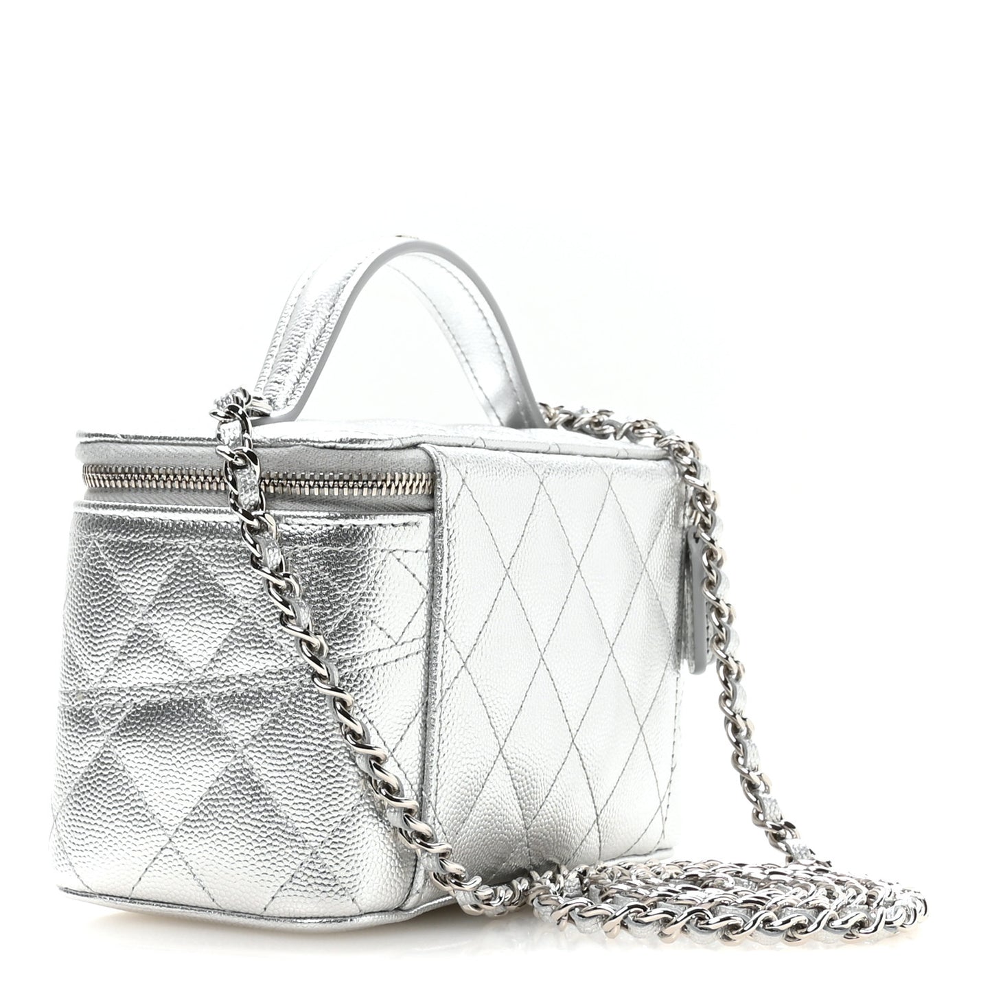 Metallic Caviar Quilted Trendy Handle Mini Vanity Silvery