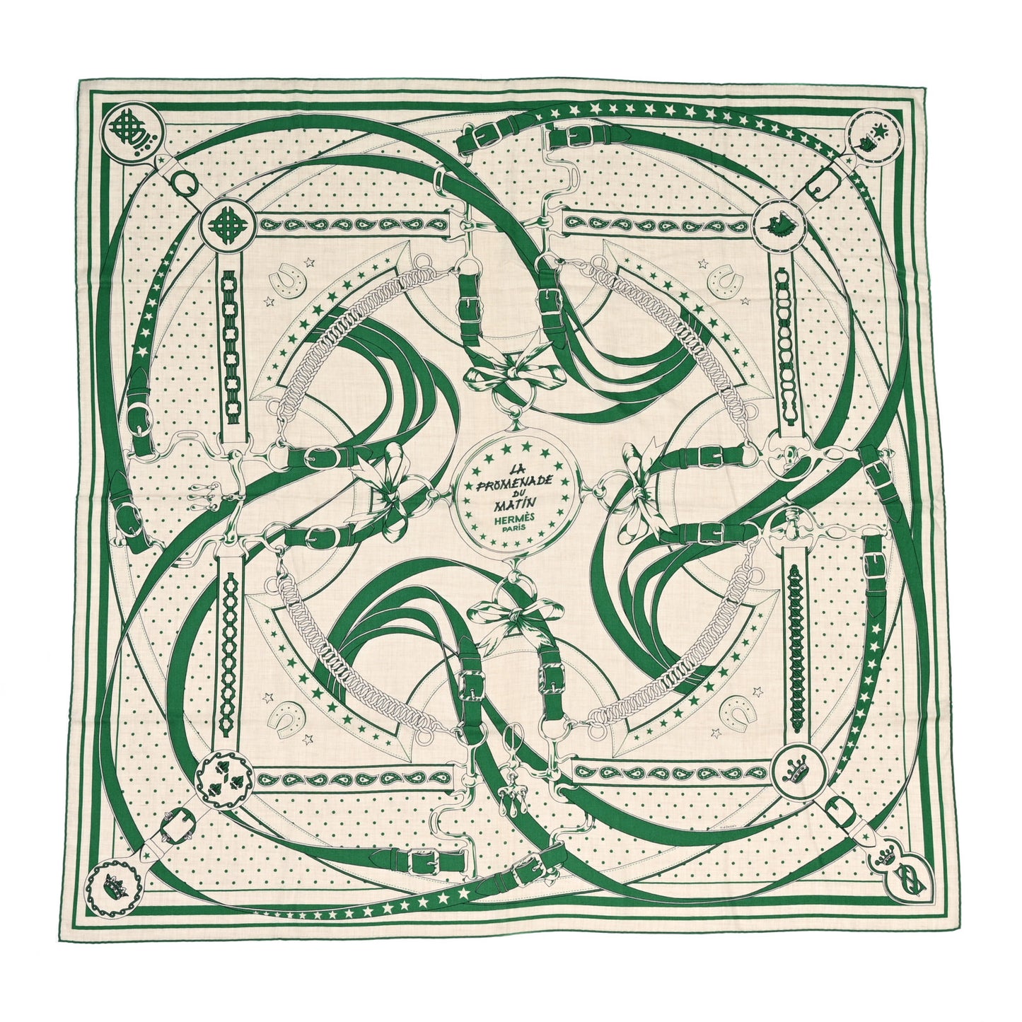 Cashmere Silk La Promenade du Matin Bandana Shawl 140 Naturel Vert Noir