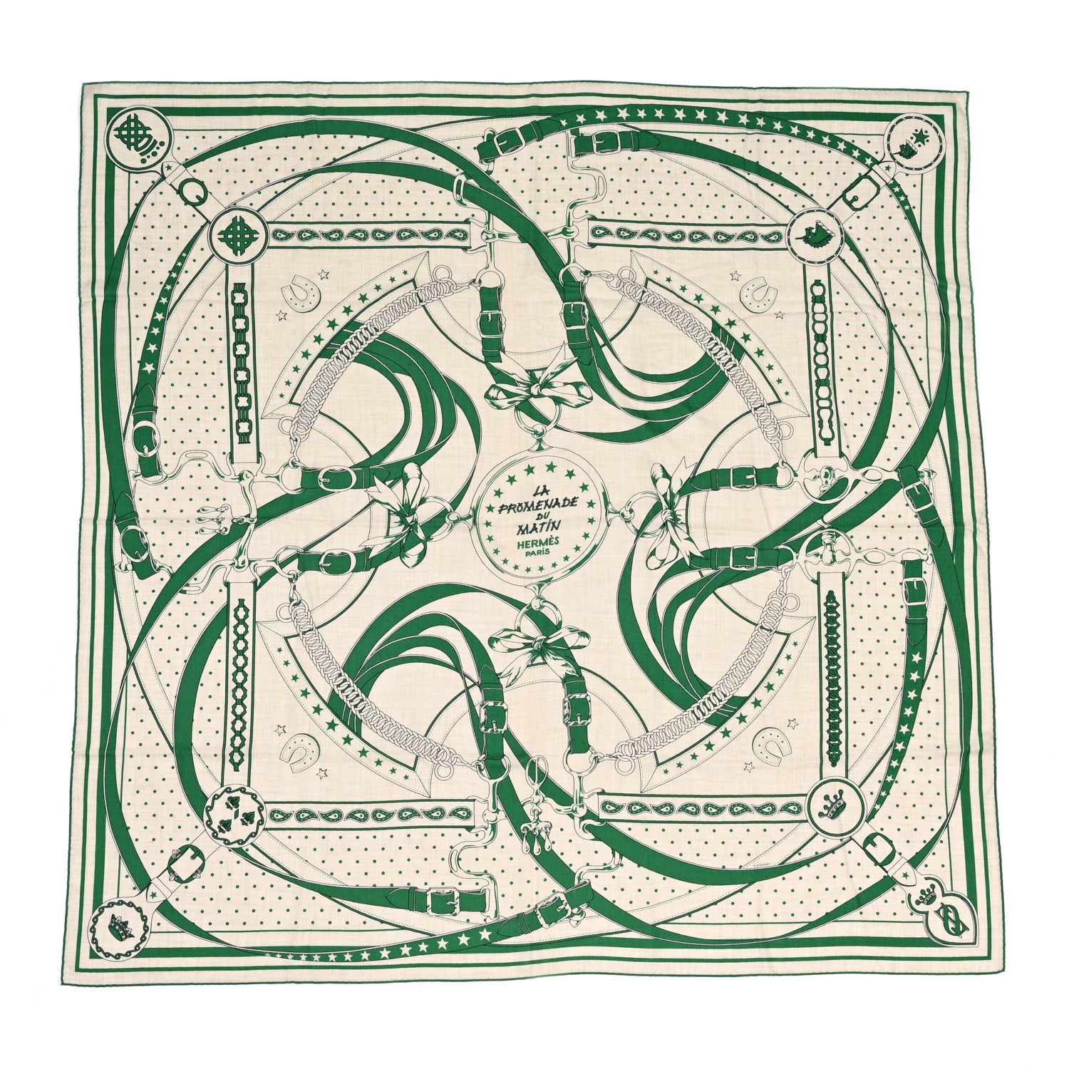 Hermes Cashmere Silk La Promenade du Matin Bandana Shawl 140 Naturel Vert Noir 1 of 5