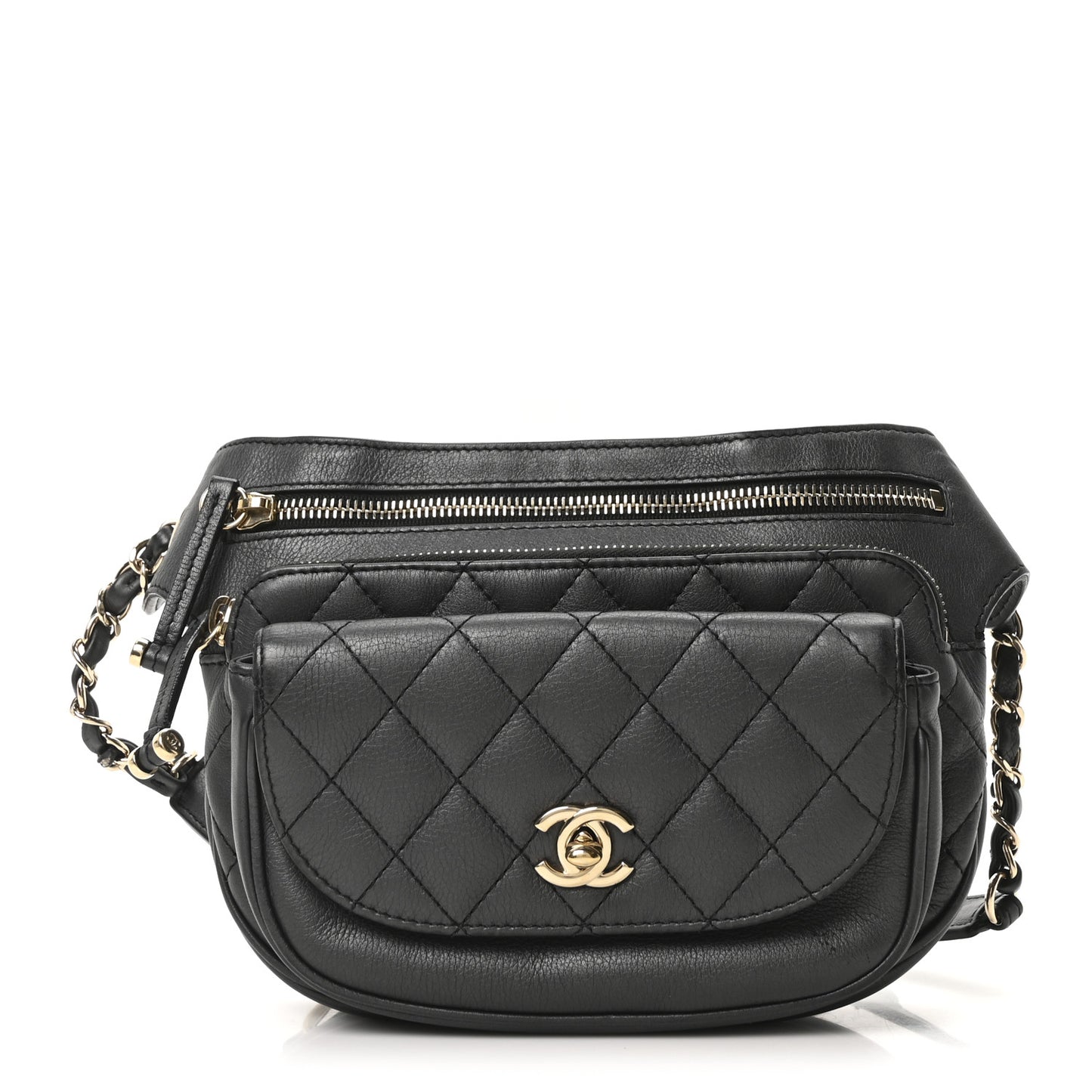 Metallic Calfskin Flap Chain Waist Bag Ruthenium