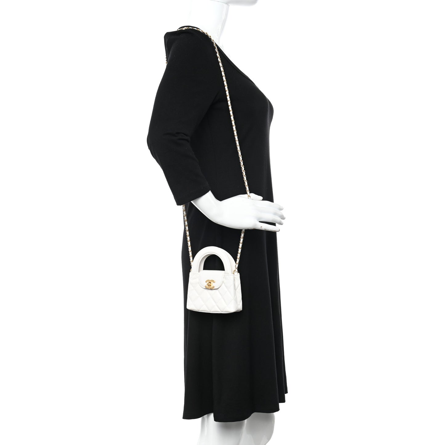 Shiny Aged Calfskin Quilted Mini Nano Kelly Shopper White