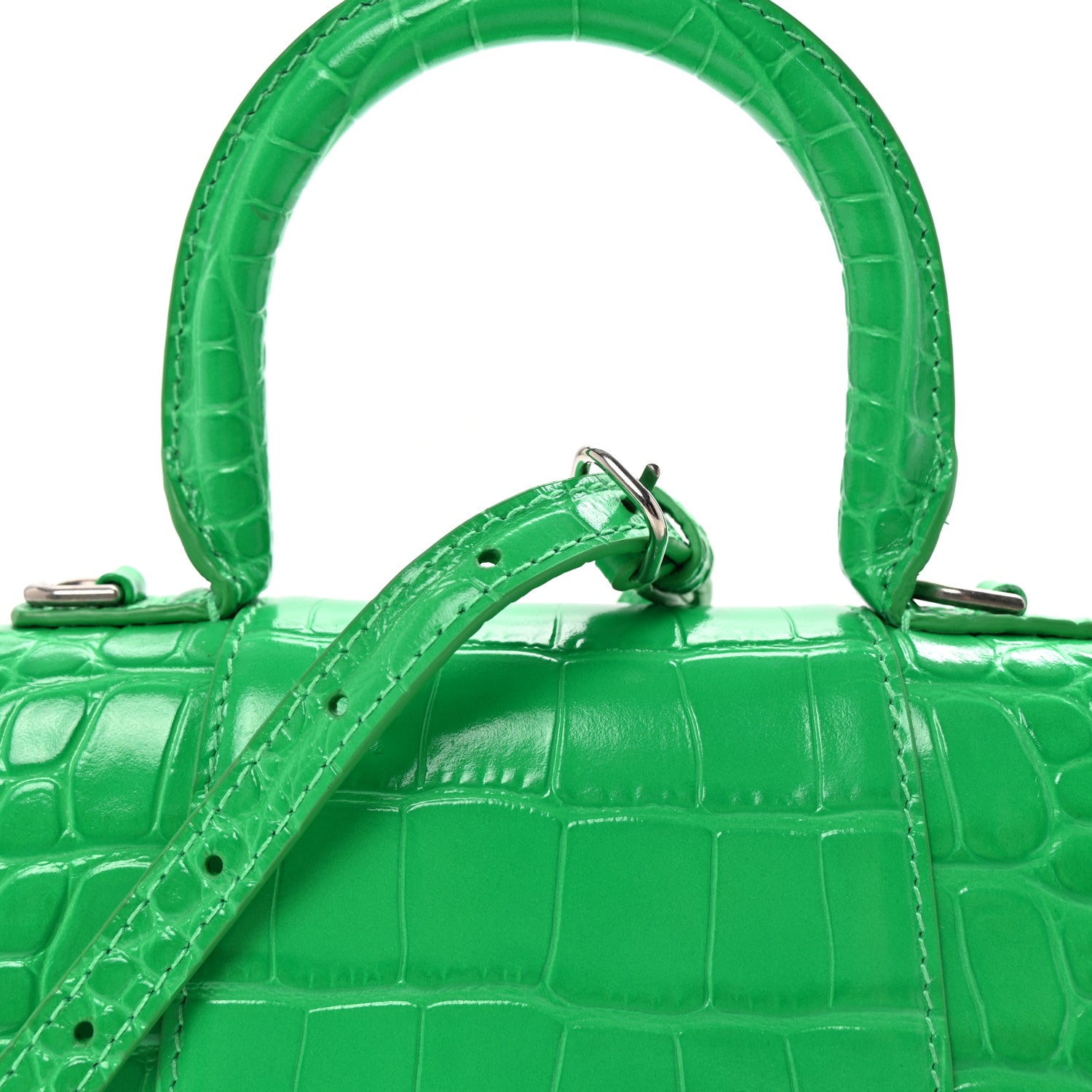 Balenciaga Shiny Calfskin Tonal B Crocodile Embossed Hourglass Top Handle Bag XS Vivid Green 8 of 10