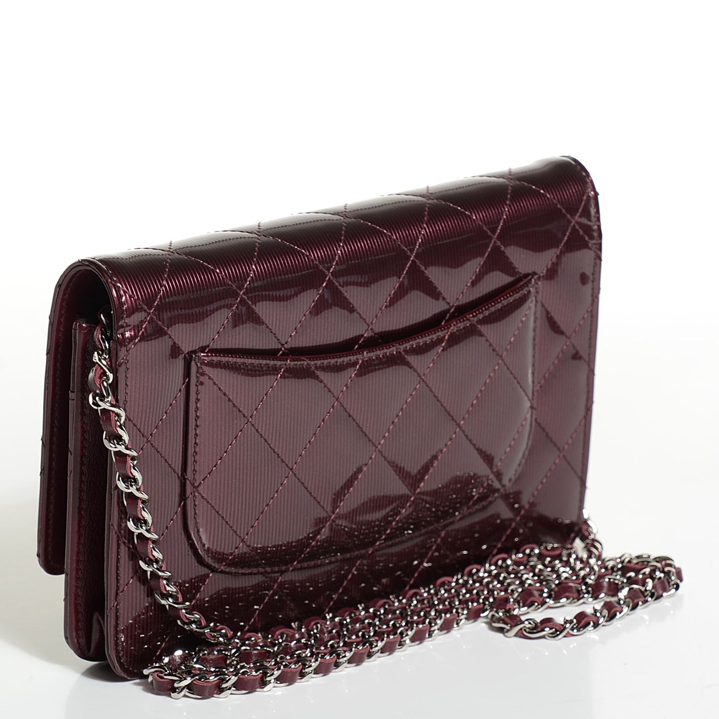 Striated Patent Quilted Wallet on Chain WOC Bordeaux