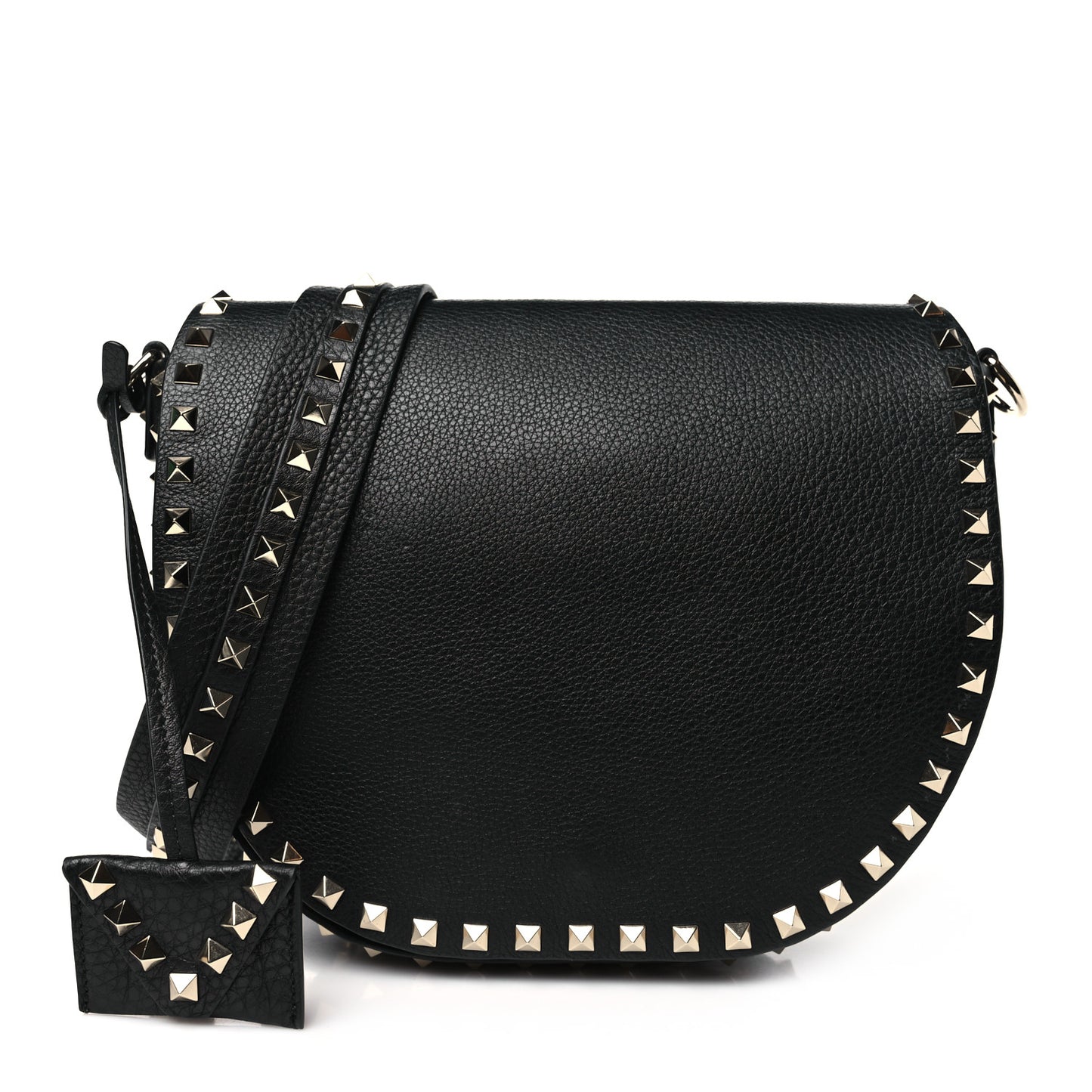 Calfskin Large Rockstud Halfmoon Saddle Bag Black