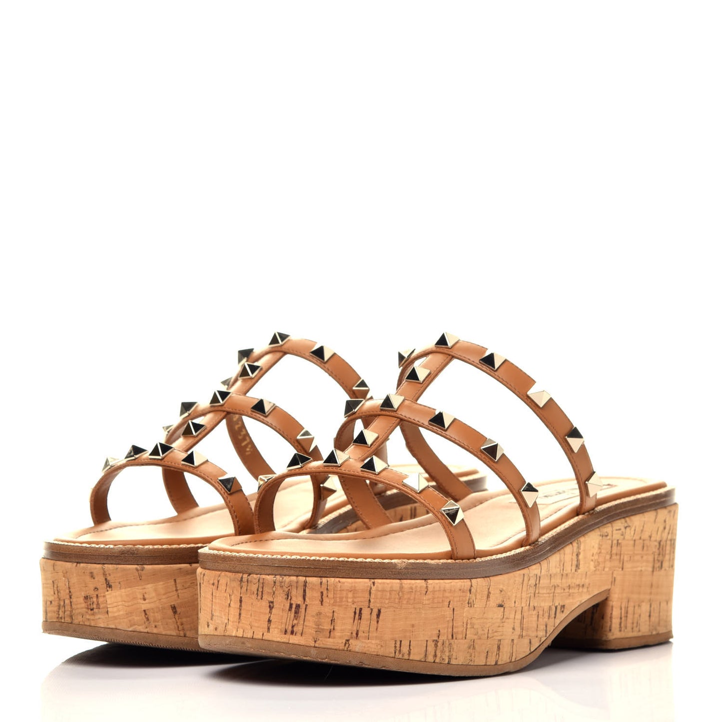 Calfskin Cork Rockstud Caged 30/50mm Platform Sandals 37.5 Tan