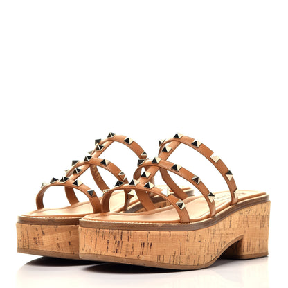 Valentino Garavani Calfskin Cork Rockstud Caged 30/50mm Platform Sandals 37.5 Tan 3 of 9