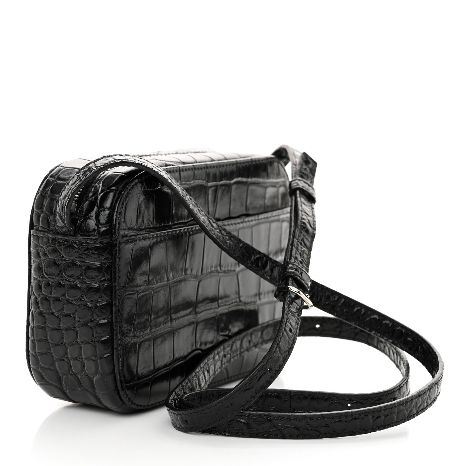 Balenciaga Shiny Calfskin Logo Crocodile Embossed XS Everyday Camera Bag Black 3 of 12