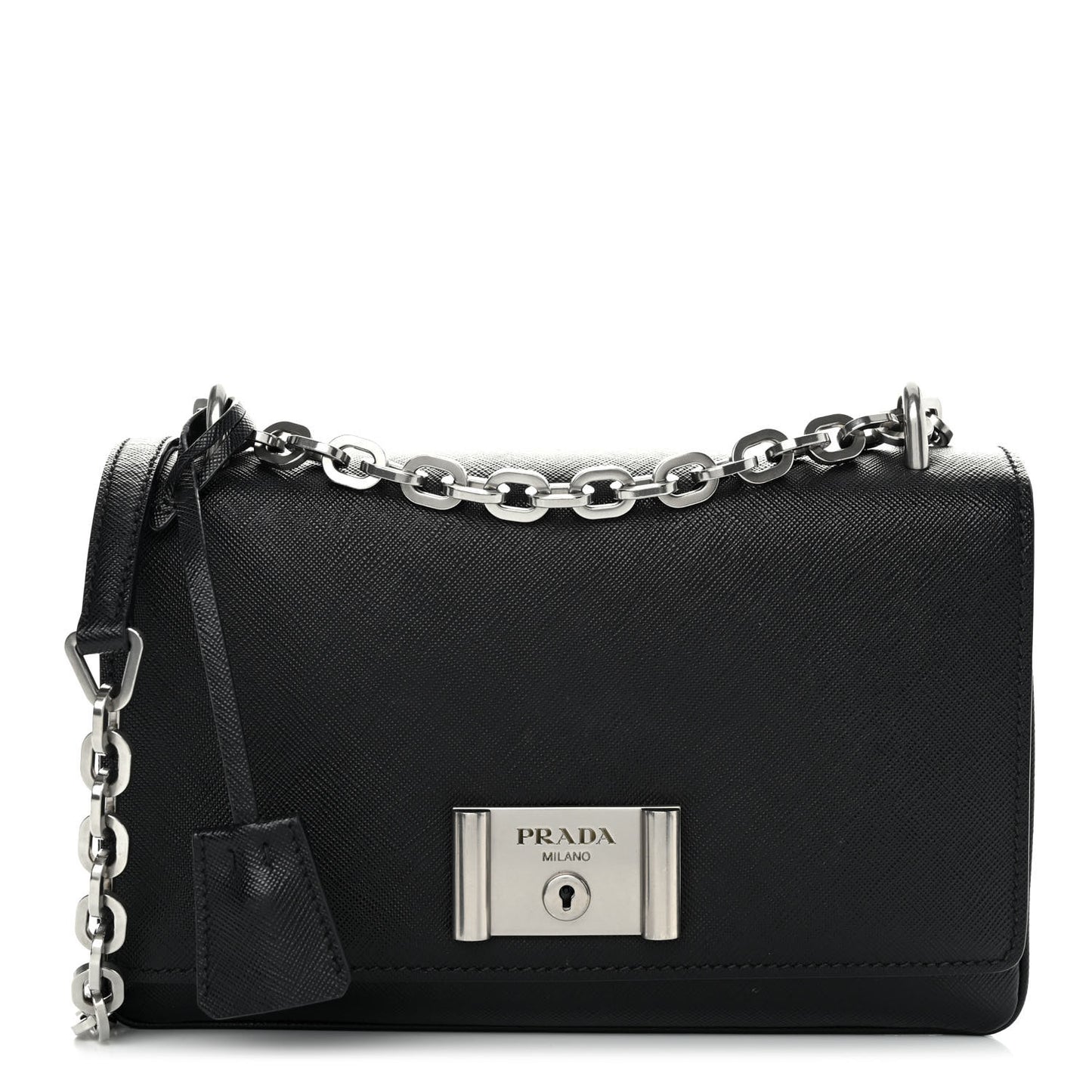 Saffiano Lux Lock Flap Chain Shoulder Bag Black