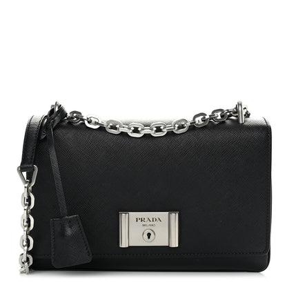 Prada Saffiano Lux Lock Flap Chain Shoulder Bag Black 2 of 12