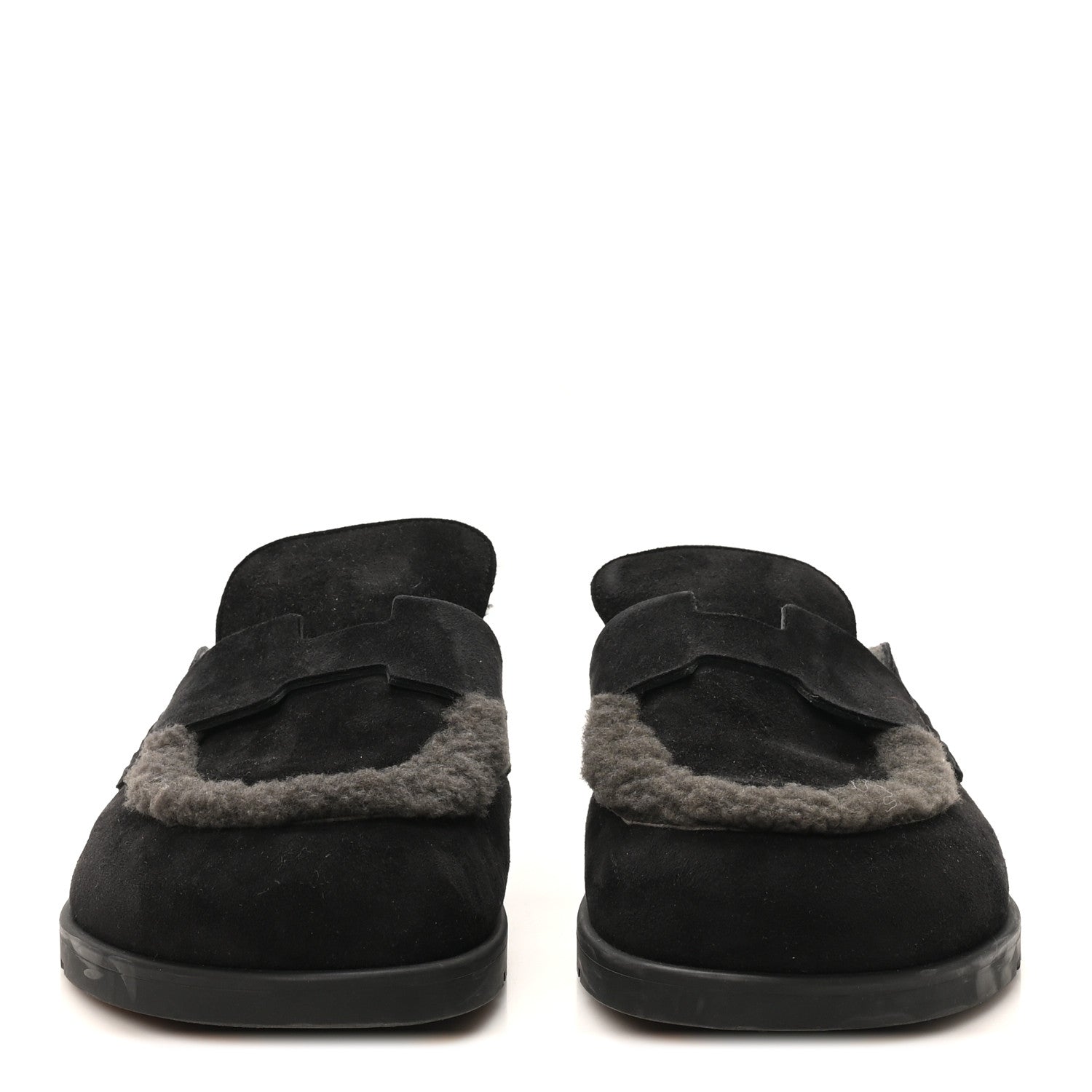Hermes Suede Goatskin Shearling Mens Go Mules 43.5 Black 3 of 10