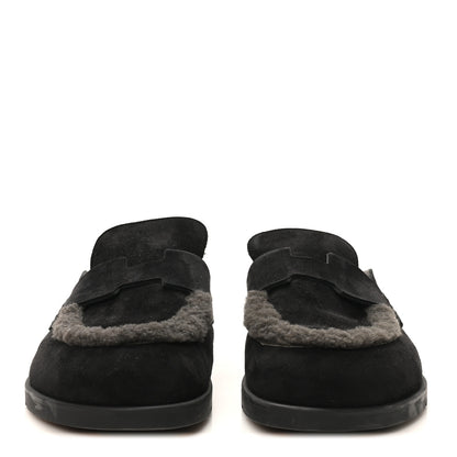 Hermes Suede Goatskin Shearling Mens Go Mules 43.5 Black 3 of 10