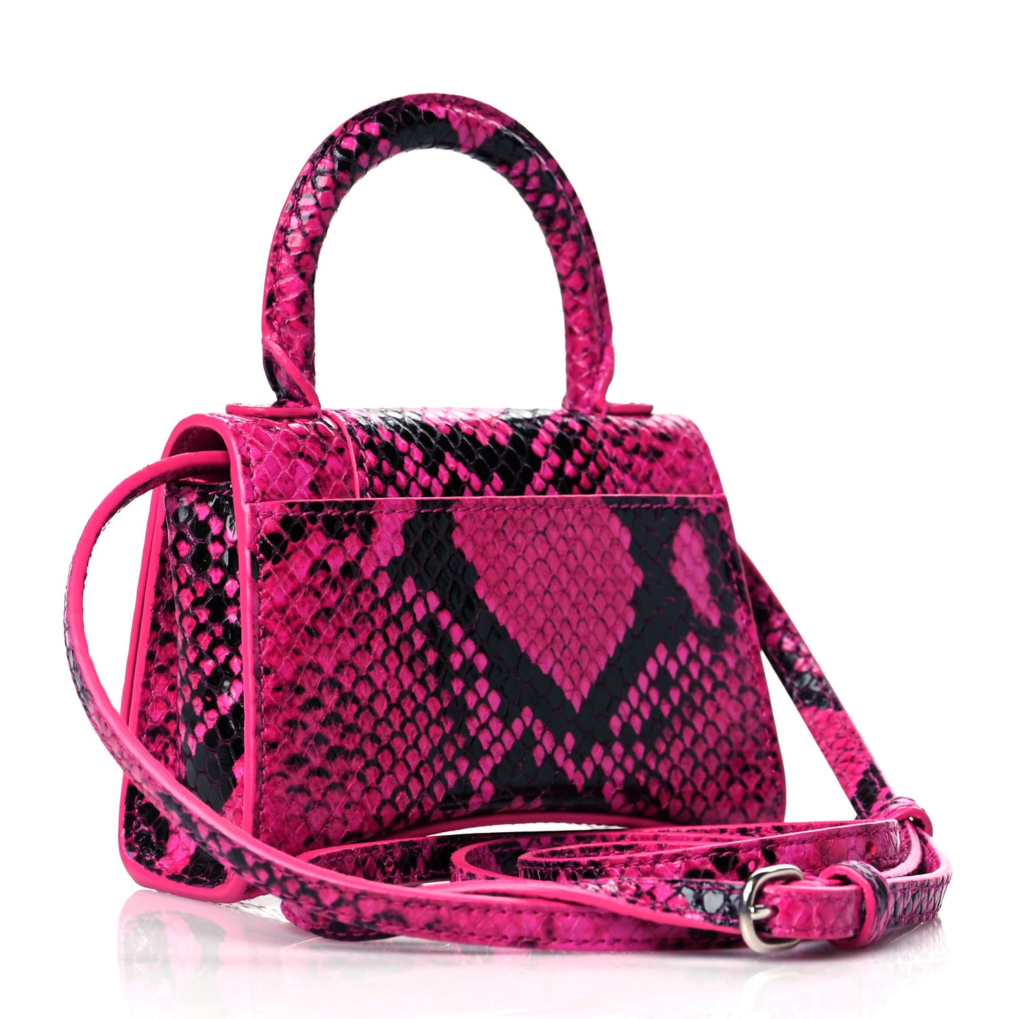 Shiny Calfskin Python Effect Hourglass Top Handle Bag Mini Fuchsia Black