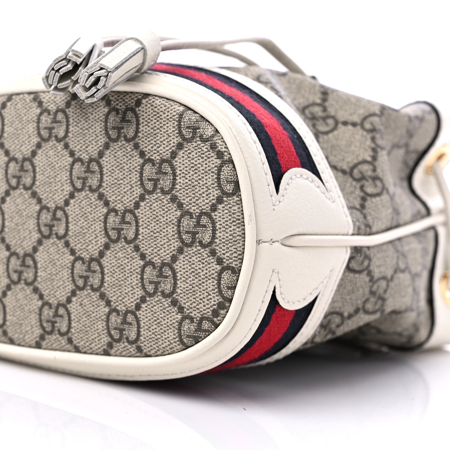 GG Supreme Monogram Textured Calfskin Web Mini Ophidia Bucket Bag Beige Ebony Mystic White