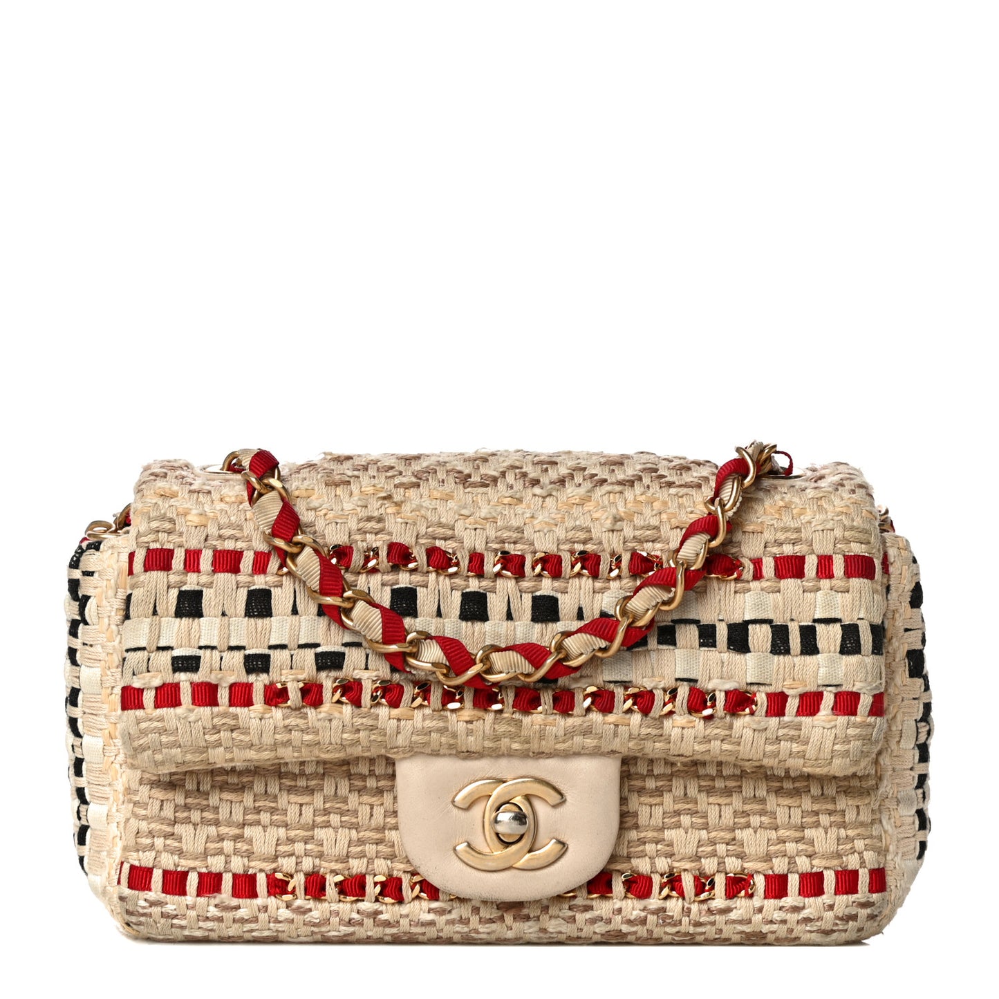 Cotton Raffia Lambskin Woven Mini Rectangular Flap Beige Red Black