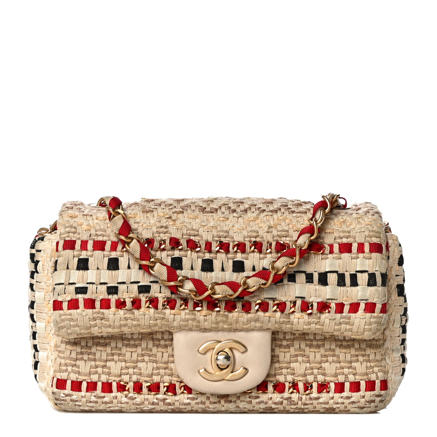 Chanel Cotton Raffia Lambskin Woven Mini Rectangular Flap Beige Red Black 1 of 16
