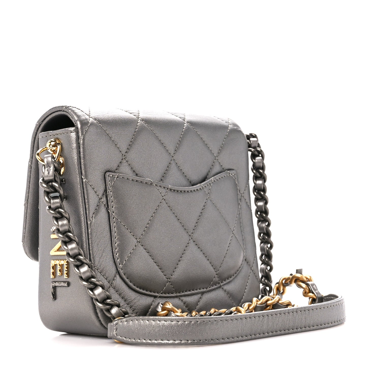 Metallic Lambskin Quilted Mini Side Note Flap Grey
