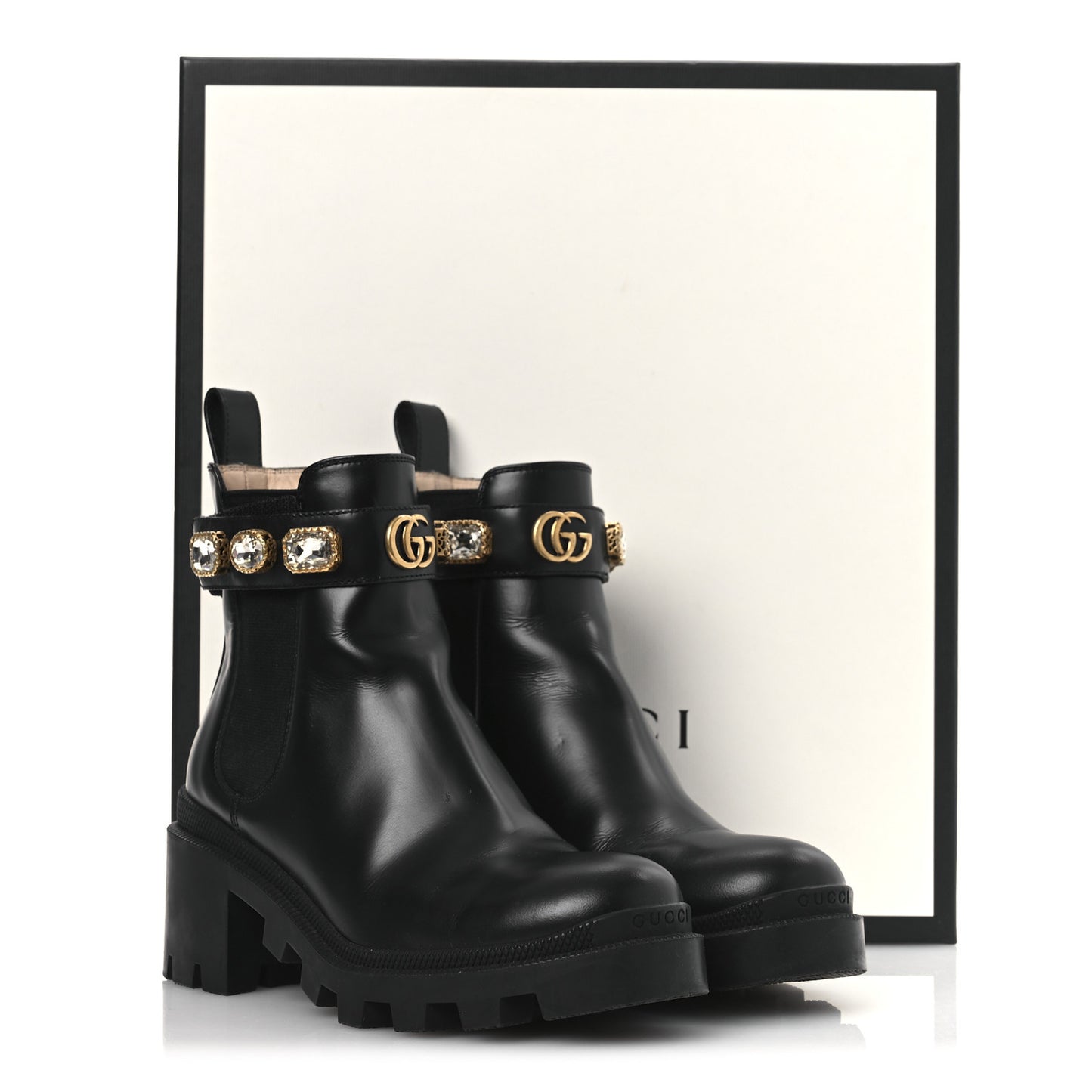 Calfskin Crystal GG Trip Chelsea Ankle Boots 35.5 Black