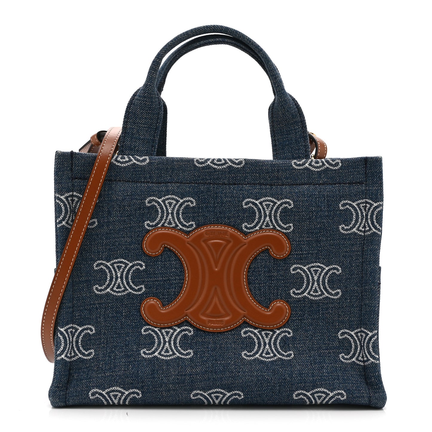 Denim Calfskin Triomphe Print Cabas Blue Tan