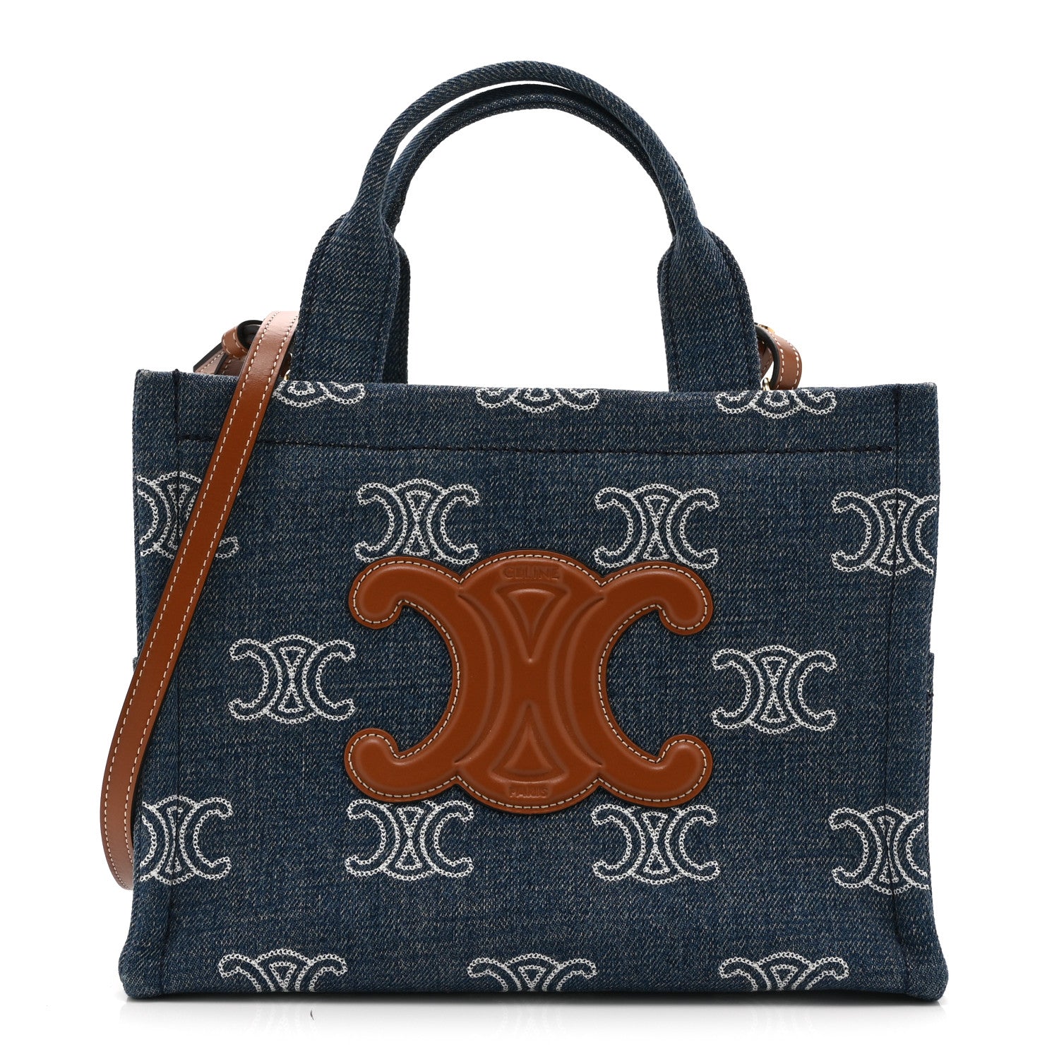 Celine Denim Calfskin Triomphe Print Cabas Blue Tan 1 of 11