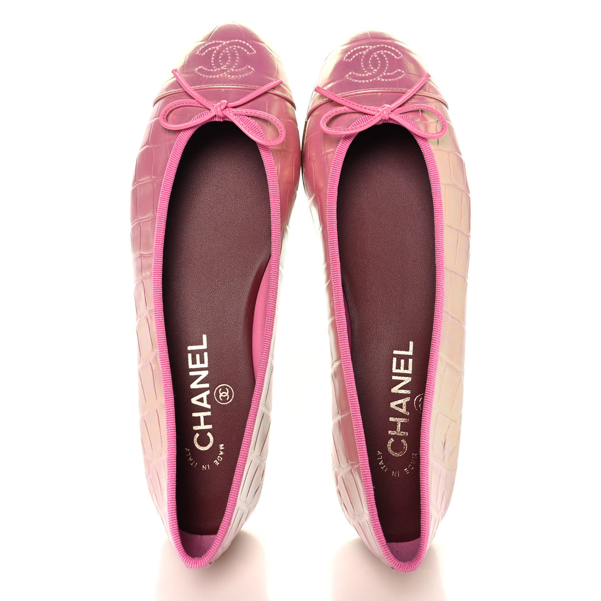 Iridescent Calfskin Crocodile Embossed Ballerina Flats 39 Pink