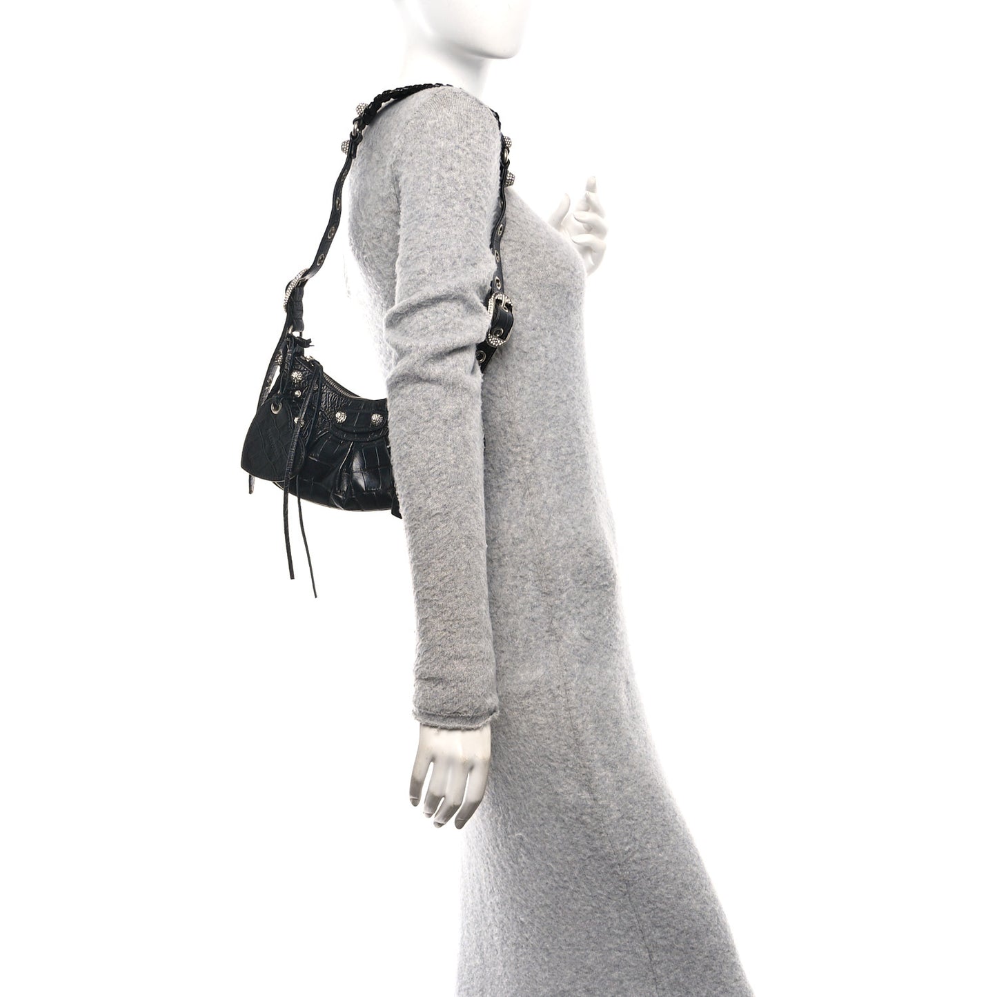 Extra Supple Calfskin Crystal Crocodile Embossed Le Cagole Shoulder Bag XS Black