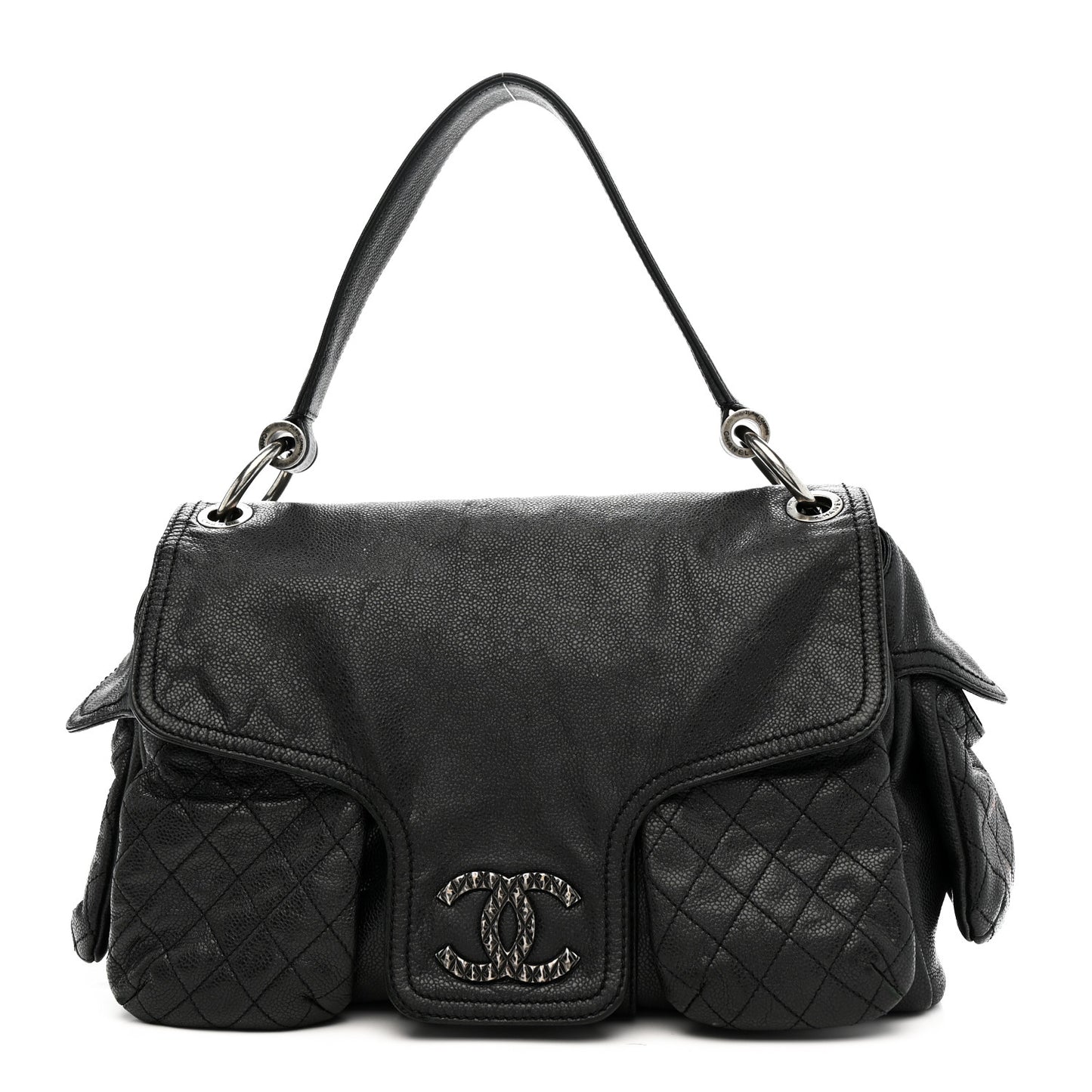 Glazed Caviar Large Coco Rider Flap Hobo Black
