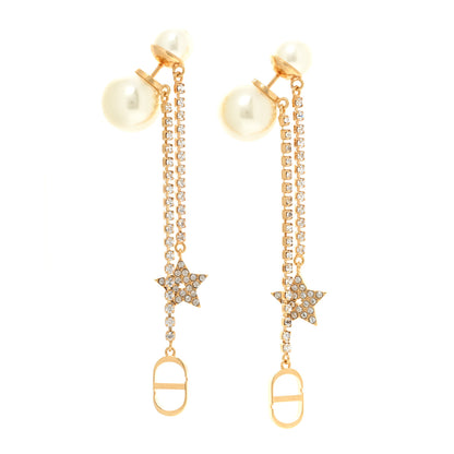 Christian Dior Pearl Crystal Star Tribale Dangle Chain Earrings Gold 1 of 5