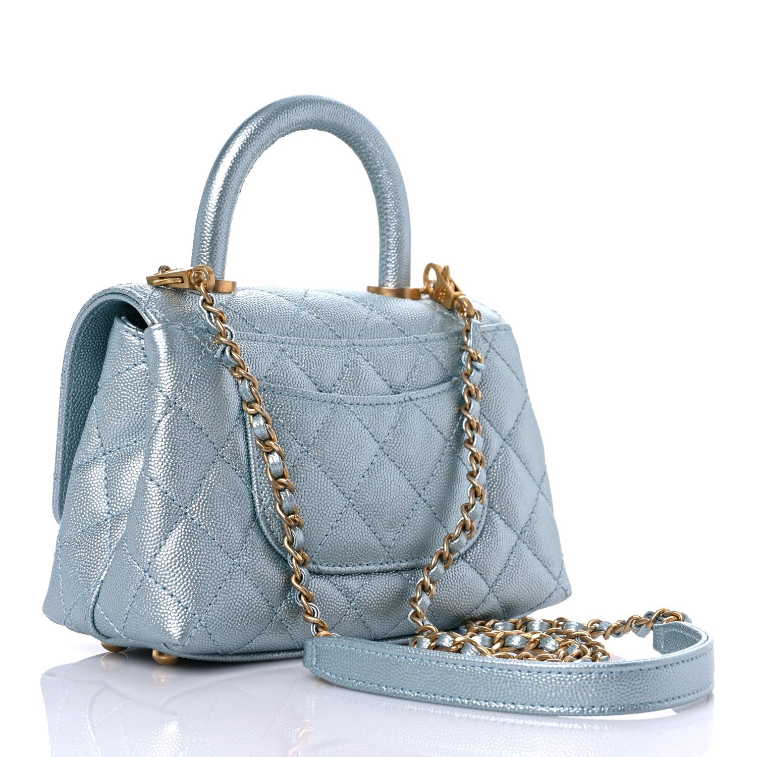 Chanel Metallic Caviar Quilted Extra Mini Coco Handle Flap Light Blue 3 of 12