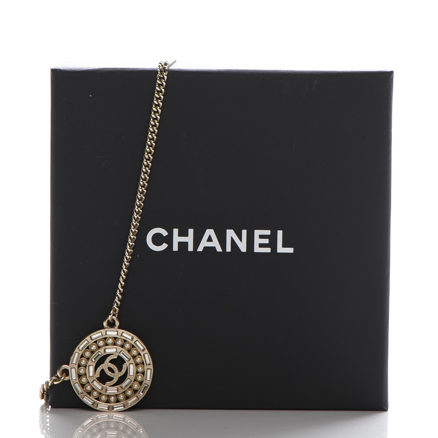 Crystal Pearl CC Medallion Necklace Light Gold