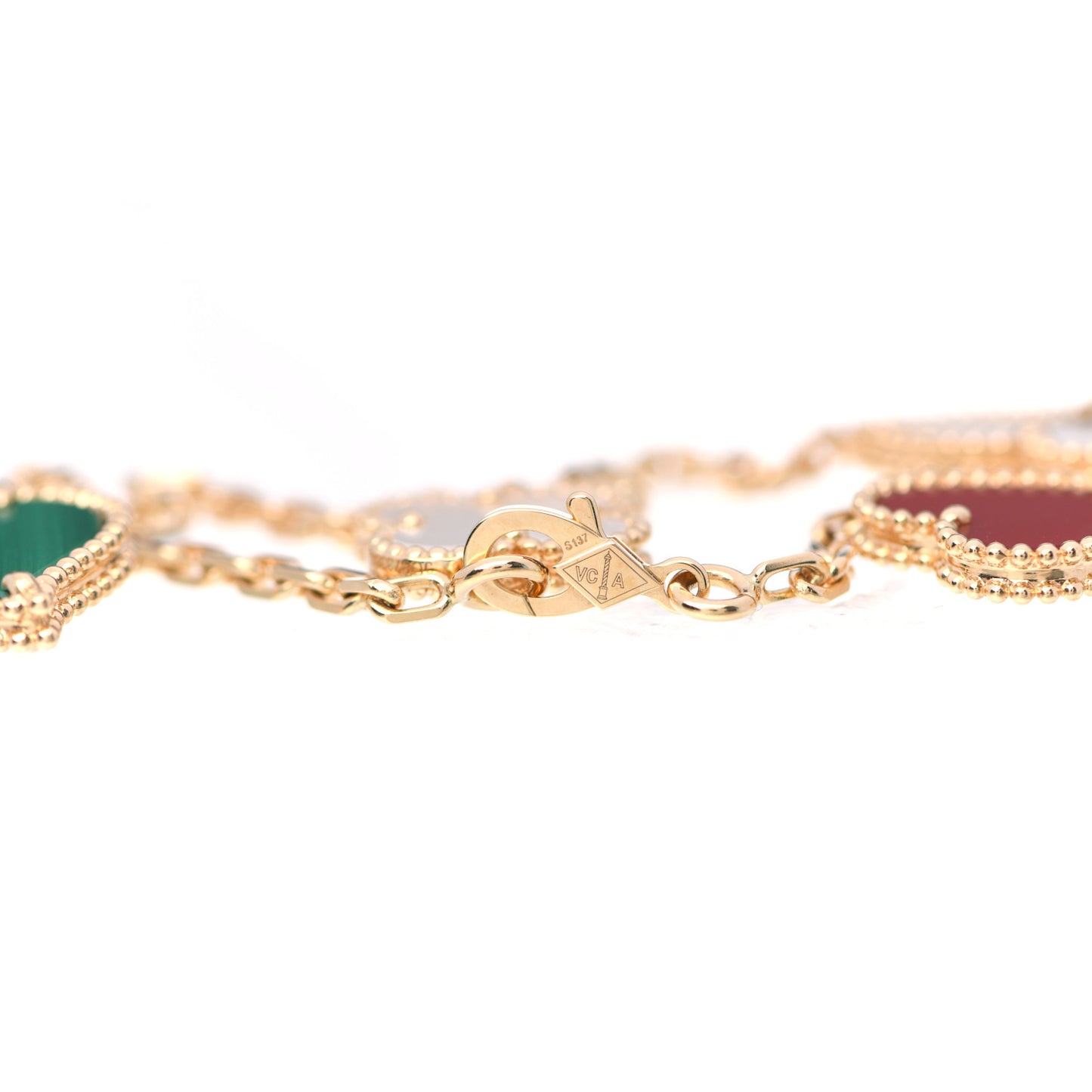 18K Yellow Gold Mother of Pearl Malachite Carnelian Tiger Eye 4 Motifs Lucky Alhambra Bracelet