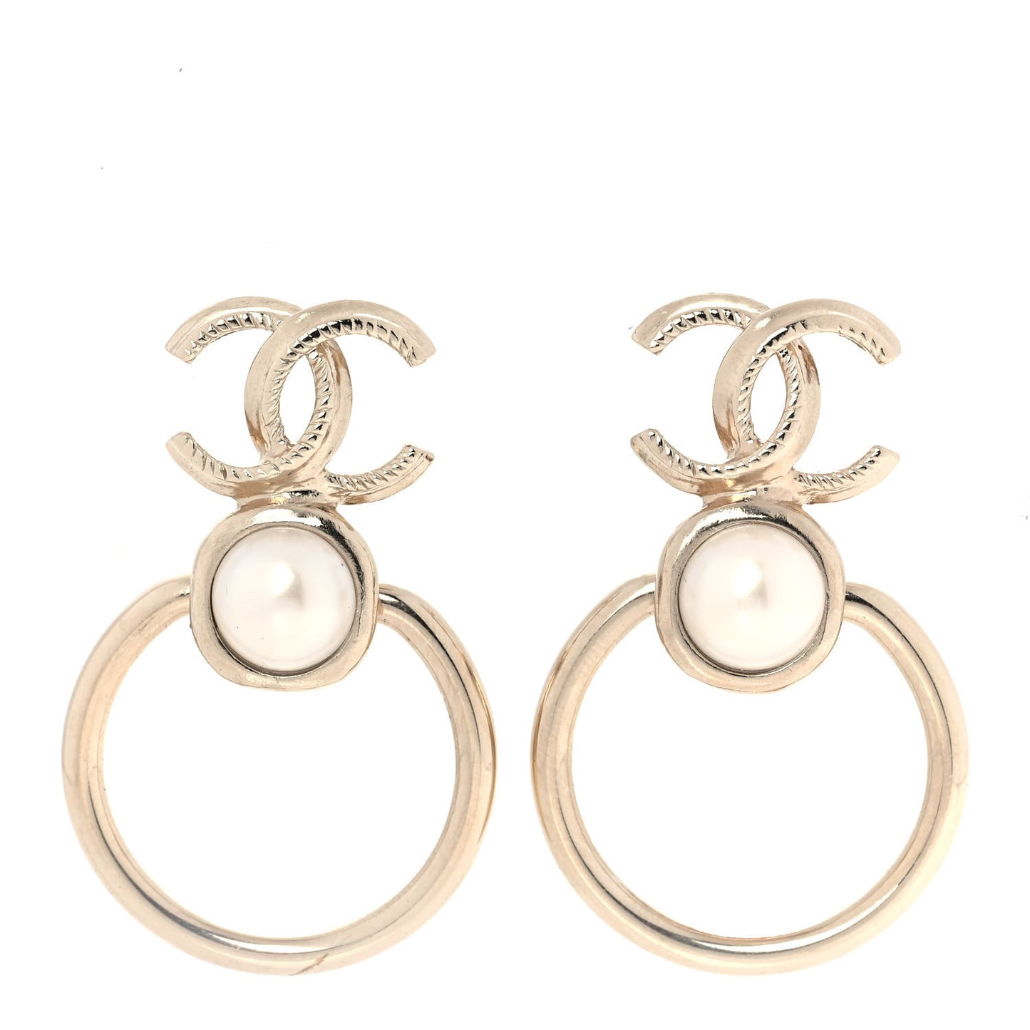 Metal Pearl CC Hoop Drop Earrings Gold