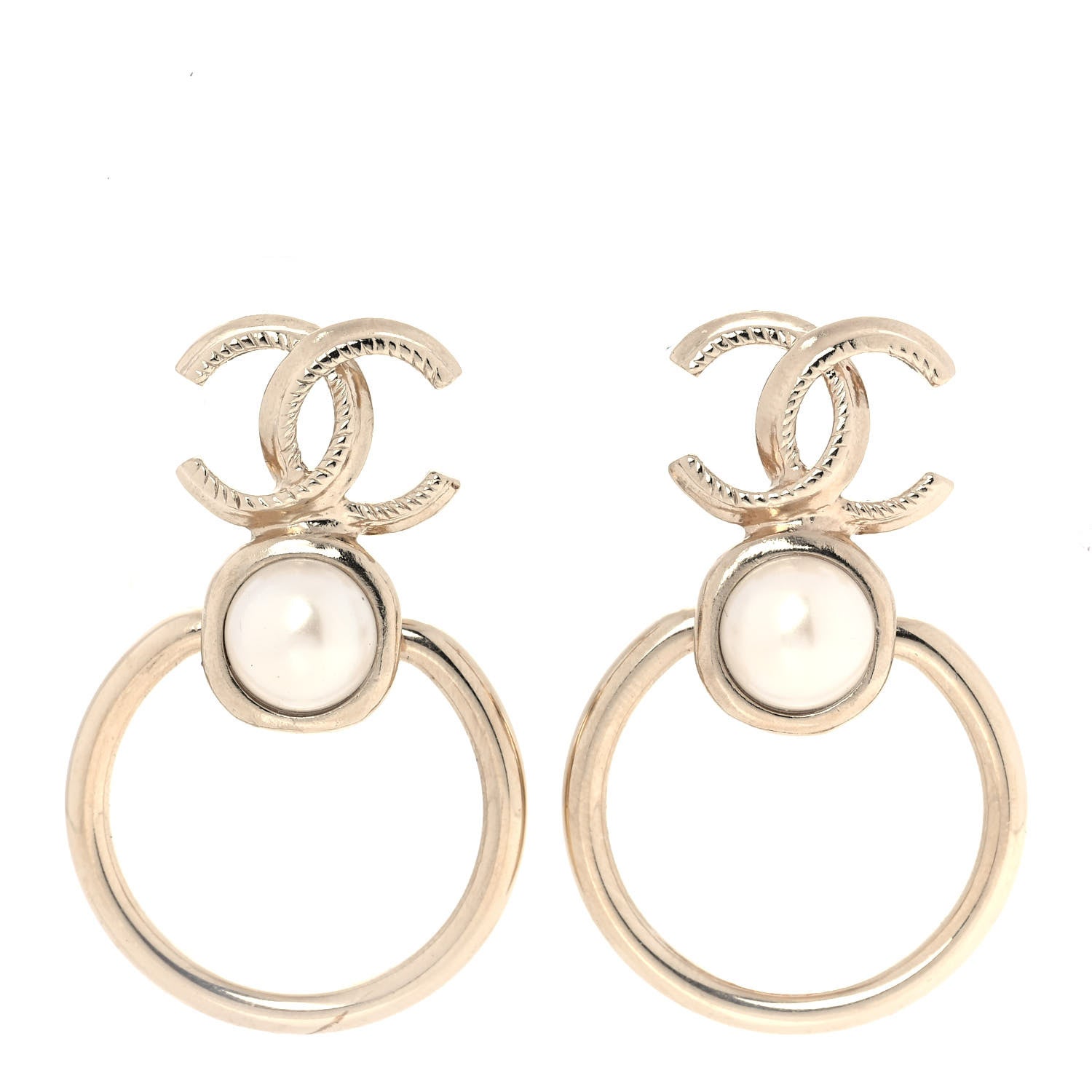 Chanel Metal Pearl CC Hoop Drop Earrings Gold 1 of 5