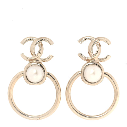 Chanel Metal Pearl CC Hoop Drop Earrings Gold 1 of 5