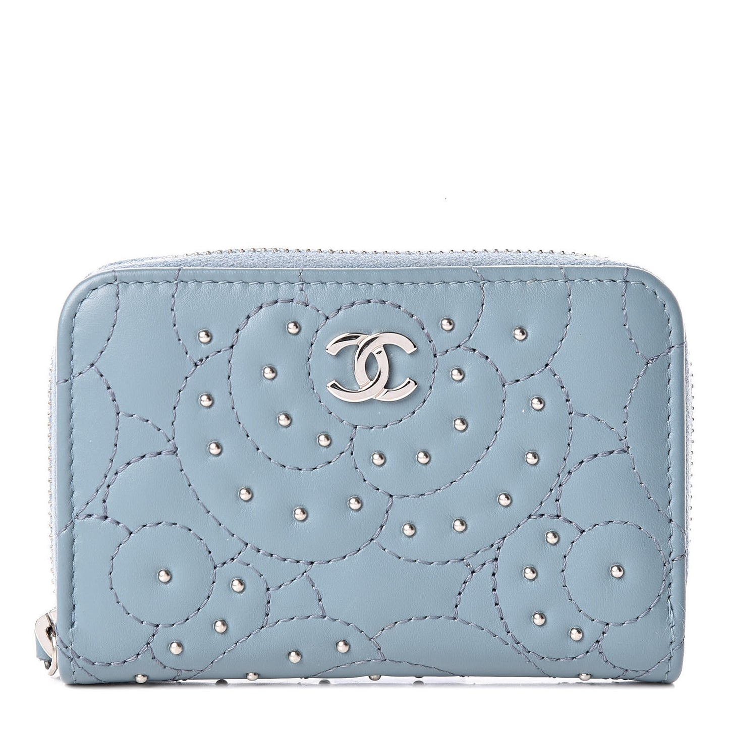 Lambskin Camellia Embossed Studded Zip Coin Purse Blue