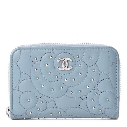 Chanel Lambskin Camellia Embossed Studded Zip Coin Purse Blue 1 of 8