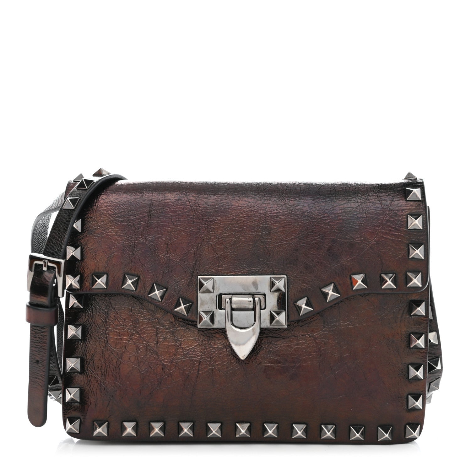 Valentino Garavani Craquele Calfskin Rockstud Shoulder Flap Bag Black 1 of 9