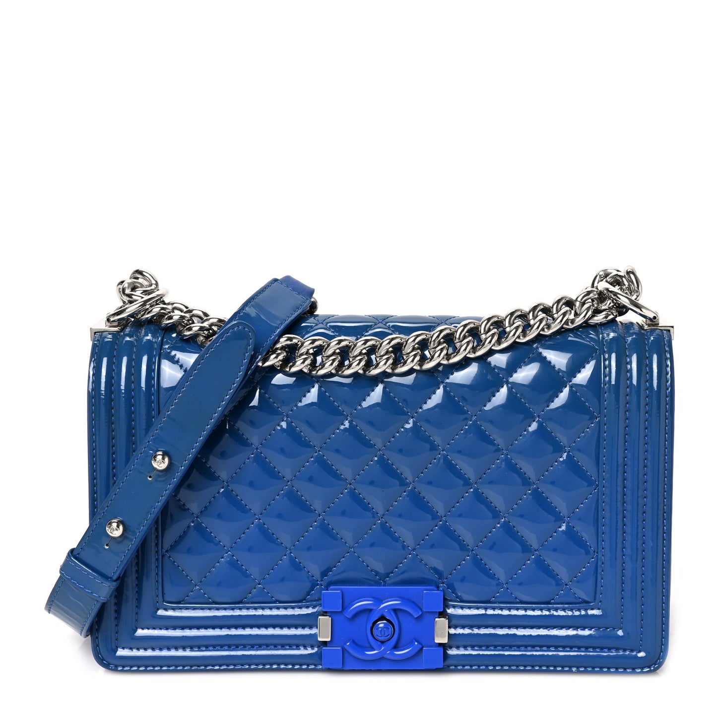 Patent Calfskin Quilted New Medium Plexiglass Boy Flap Blue