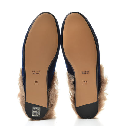 Gucci Velvet Fur Womens Princetown Slippers 38 Cobalt Blue 5 of 7