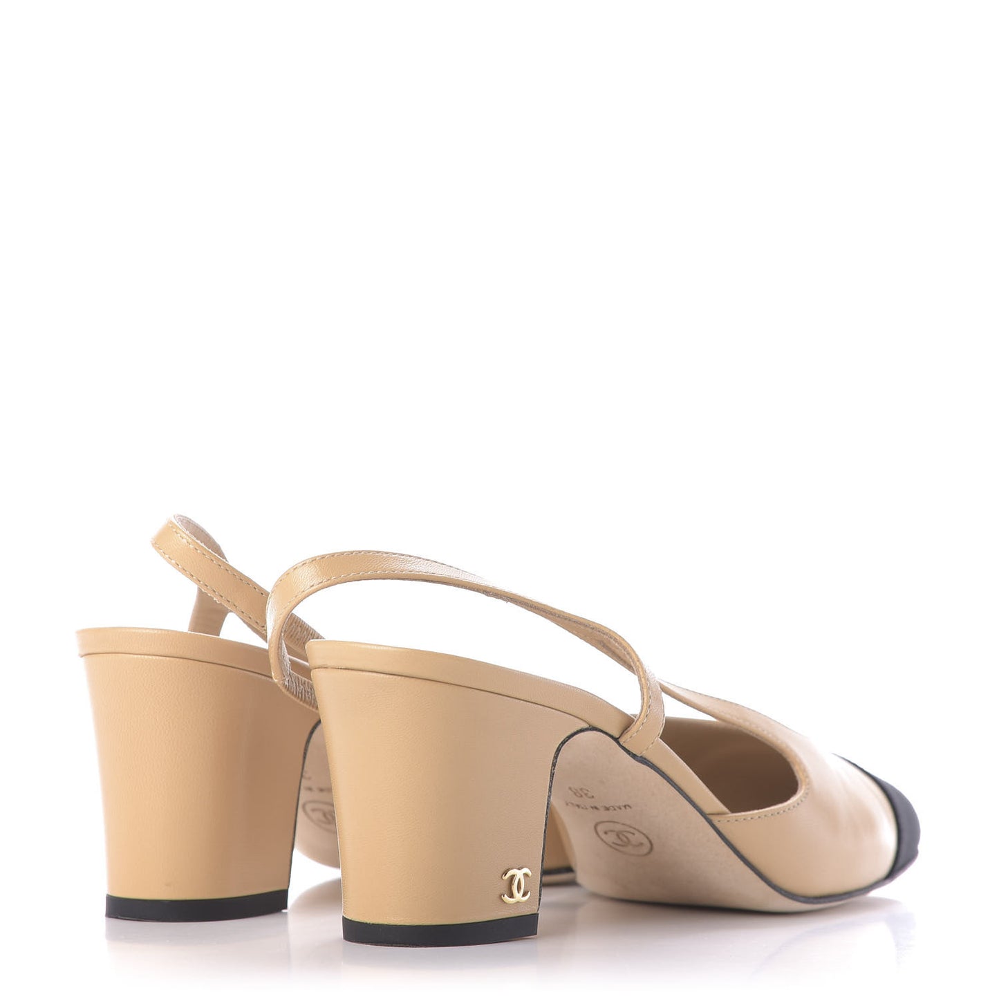 Goatskin Grosgrain Cap Toe CC Slingback Sandals 38 Beige Black