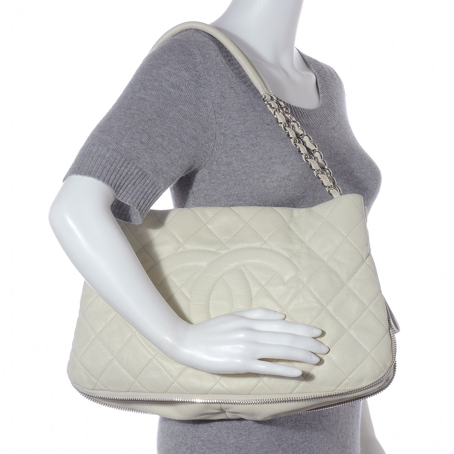 Caviar Expandable Zip Shoulder Bag White