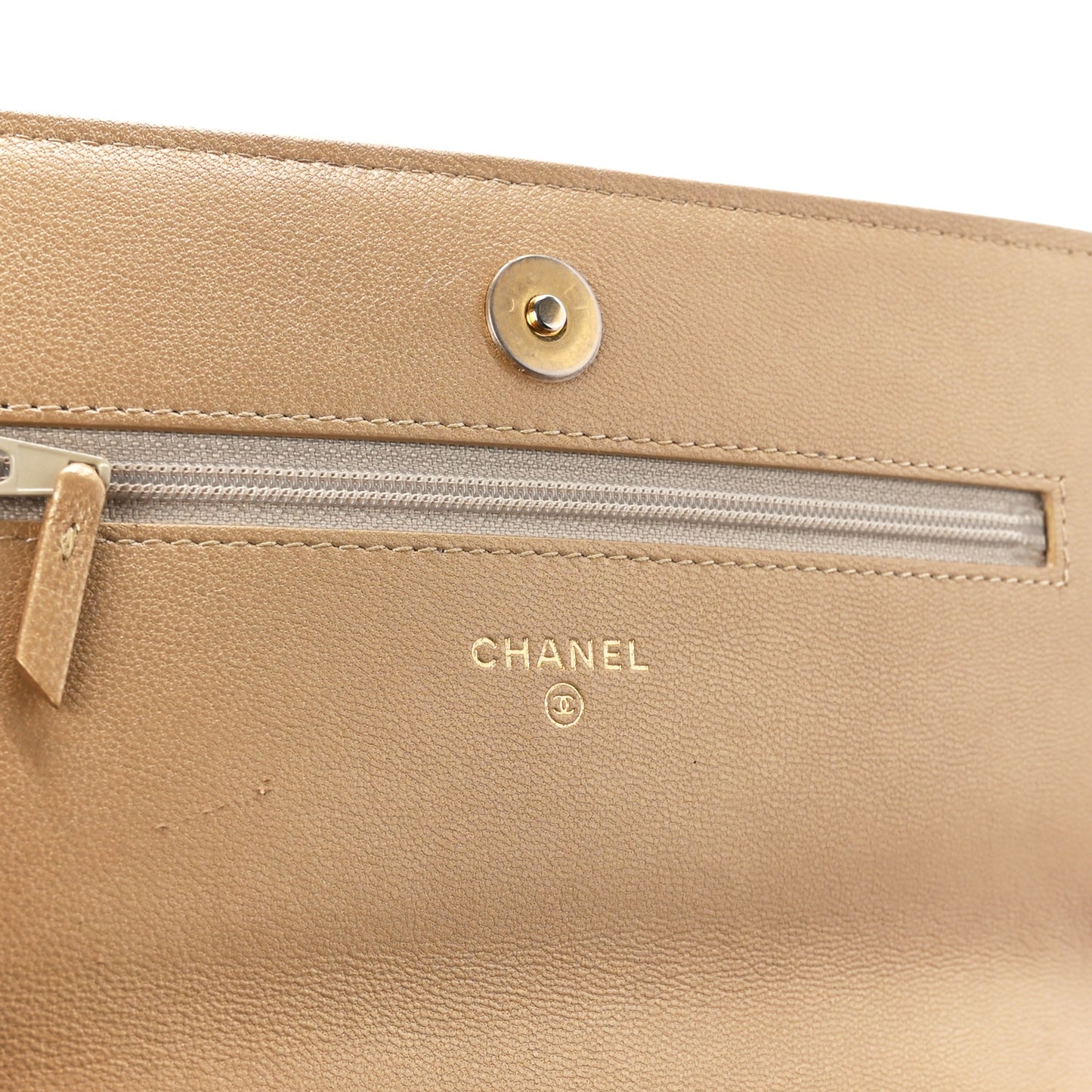 Metallic Goatskin Quilted Chanel 19 Wallet On Chain WOC Gold